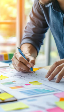 Professional designer planning business strategies using sticky notes and charts in office space