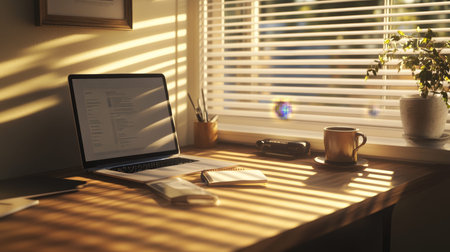 Cozy modern home office with sunlight, laptop, notebook, and coffee creating inviting atmosphere