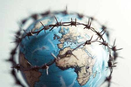 Close up of barbed wire around the globe symbolizing conflict and borders on a pastel backdropの写真素材