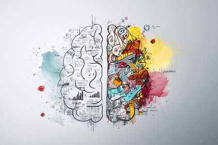 Creative illustration of left and right brain colorful doodles vs business sketches on whiteの写真素材