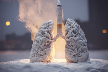 Realistic 3d snow human lungs with a burning cigarette in an urban setting, cinematic lightingの写真素材