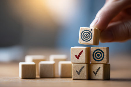 Stacking wooden cubes with icons symbolizing goals and success in a business plan conceptの写真素材