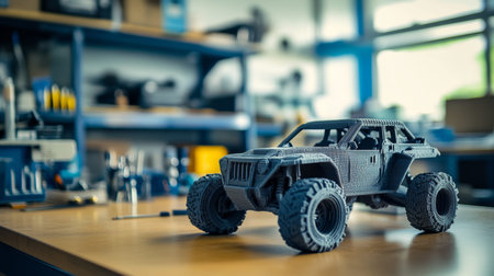 3d printed off road car model displayed on table in school workshop with tools in background