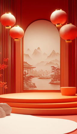 Elegant chinese inspired scene with red lanterns and golden stage in a minimalist compositionの写真素材