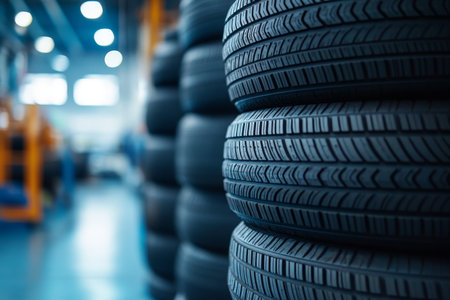 Stacked tires in auto repair shop with blurred workshop background and ample copy space for designの写真素材