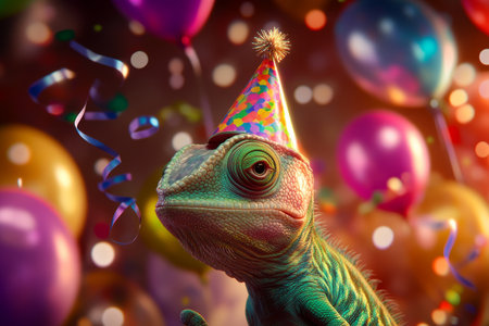 A chameleon celebrating with a party hat surrounded by balloons and streamers in a birthday sceneの写真素材