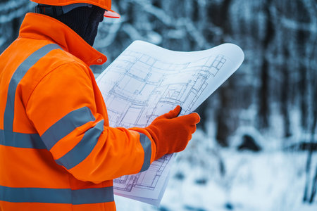 Engineer holding large blueprints on construction site during winter in safety gear and helmet