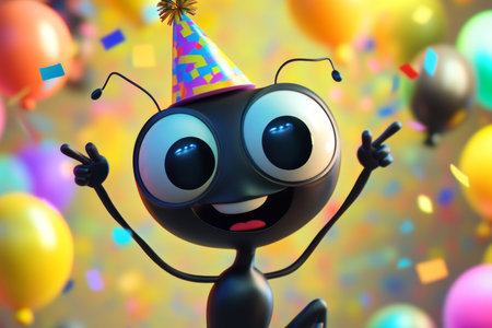 Delightful 3d cartoon ant celebrating birthday with party hat, balloons, and festive confettiの写真素材
