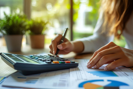 Close up of a businesswoman using a calculator for financial paperwork at her office deskの写真素材