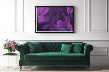 Elegant minimalist poster featuring new house above velvet sofa with sophisticated floral artの写真素材