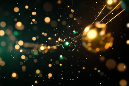 3d render of golden and green spheres in space linked by laser beams on a black background