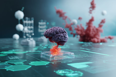 3d brain rendering with medical equipment and colorful geometric background featuring data displayの写真素材