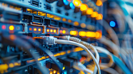 Advanced data center featuring high tech equipment and cables in a contemporary factory settingの写真素材