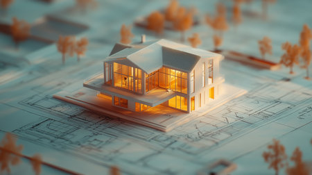 Miniature house model on architectural drawings symbolizing construction and design conceptsの写真素材