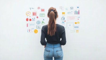 Young woman against white wall featuring colorful web design elements and business plan conceptsの写真素材