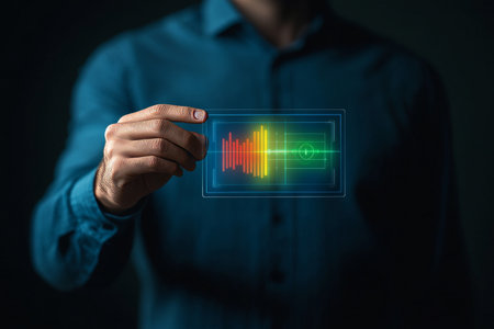 Man showcases energy sticker with green, yellow, and red colors symbolizing clean technologyの写真素材