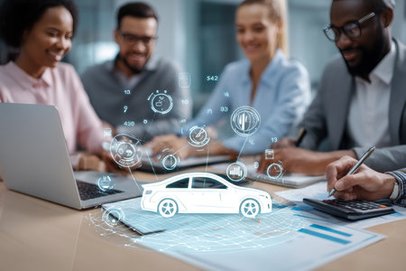 Diverse team strategizing financial marketing plan for new car company using digital toolsの写真素材