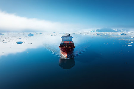 Cargo ship navigating a tranquil sea with antarctic landscape under a bright blue skyの写真素材
