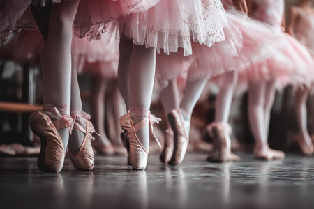 Close up of young ballerinas in pink tutus and pointe shoes during school ballet classの写真素材