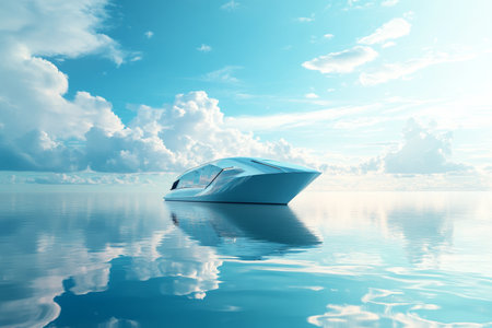 Futuristic cargo ship sailing on a serene sea under a clear blue sky in wide angle perspectiveの写真素材