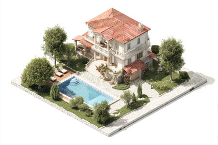 Stunning isometric 3d illustration of a villa with pool and lush garden on a white backgroundの写真素材