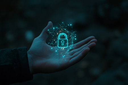 Futuristic businessman holding a glowing hologram lock symbol for enhanced security conceptsの写真素材