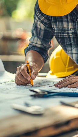Close up of construction worker analyzing blueprint with tools and yellow helmet in daylightの写真素材