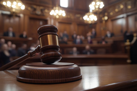 Close up of a wooden gavel on a court table with blurred background of people in proceedings