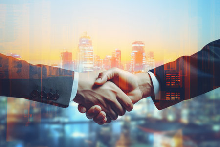 Captivating double exposure of business handshake merging with urban cityscape photographyの写真素材