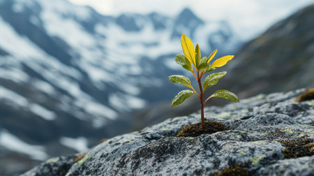 New sprout on mountain rock symbolizing environmental protection and earth day awarenessの写真素材