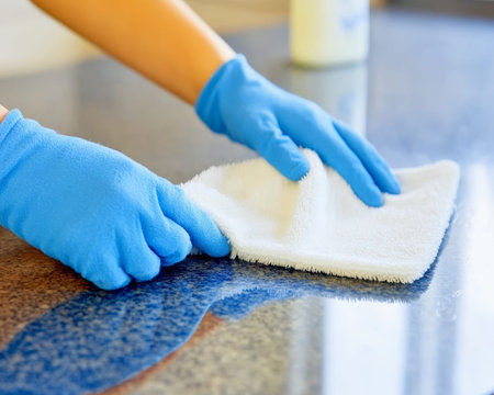 Close up of hands in blue gloves cleaning modern kitchen countertop with microfiber cloth and spray