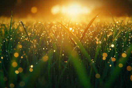 Close up of dew drenched rice sprouts and vibrant wheat seedlings in a sunset fieldの写真素材