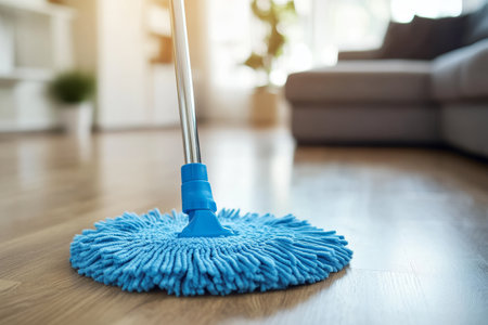 Close up of a blue microfiber mop cleaning wooden parquet flooring in a modern living roomの写真素材