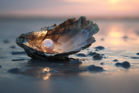 A stunning sunset seascape featuring a beautiful oyster shell and glowing pearl on the beachの写真素材