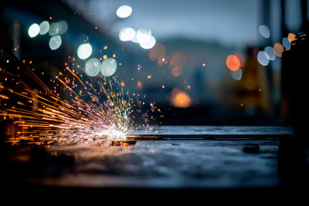 Close up of welding sparks in workshop, showcasing light and shadow with blurred factory lightsの写真素材