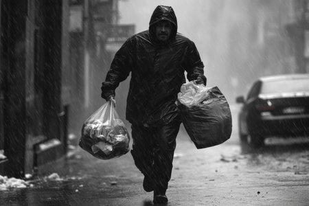 Black and white image of a homeless man running in the rain with a plastic bag amidst a snowstormの写真素材