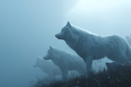 Ethereal white wolves in mist a surreal cinematic fantasy with atmospheric blue tones