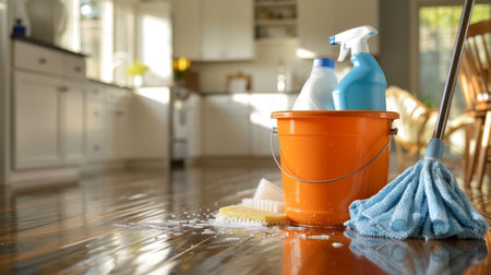 Vibrant cleaning supplies on wooden floor in cozy living room a home cleaning sceneの写真素材