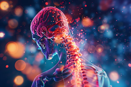 3d visualization of neck pain in human anatomy with highlighted spine on blue bokeh background