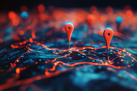 Abstract digital map featuring red and blue location pins for global networking and travel planning