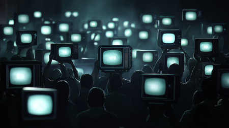 Crowd of people with vintage tv heads amidst old tvs in a dark, cinematic atmosphereの写真素材
