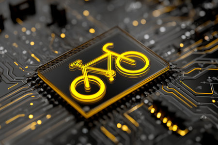 3d glowing yellow bicycle icon on circuit board background with bokeh effect in digital themeの写真素材