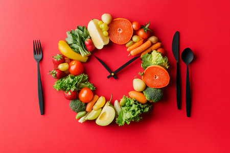 Colorful fruit and vegetable clock on red background promoting healthy eating and clean dining