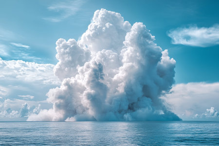 Dramatic smoke cloud over sea a stunning photographic capture against a clear blue sky