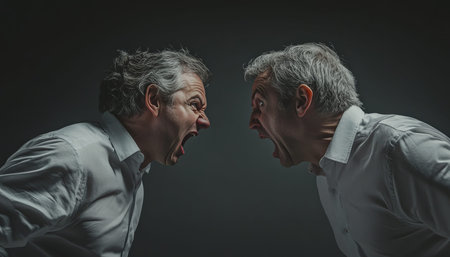 Intense confrontation two young businessmen with gray hair yelling in a dark setting