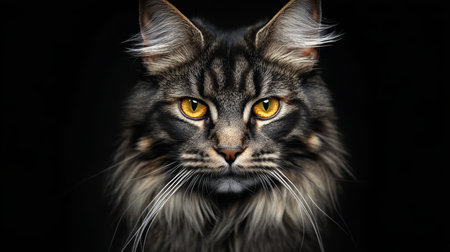 Stunning portrait of a maine coon cat with striking yellow eyes against a black backgroundの写真素材