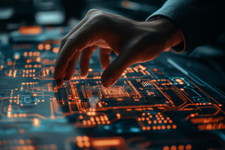 Businessman interacting with a futuristic holographic circuit board in a modern industrial factory