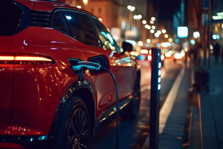 Electric vehicle charging at night eco friendly red suv highlights green energy transport concept
