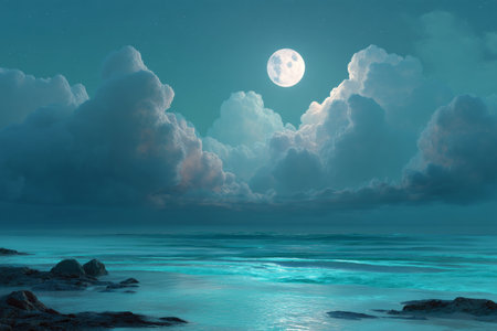 Stunning nighttime landscape with radiant moonlight, turquoise waters, and dreamy fantasy elementsの写真素材