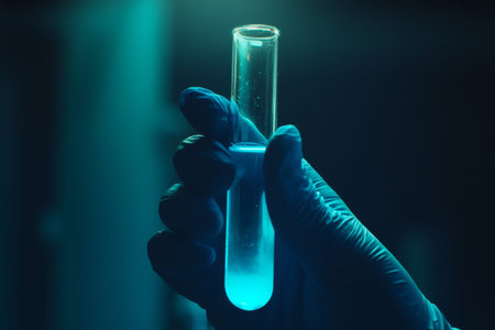 Scientist holding test tube with blue liquid in double exposure laboratory research concept
